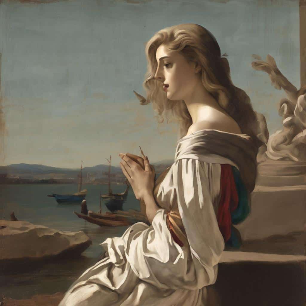 Καλλιτεχνικό πορτρέτο γυναίκας σε θαλασσινό τοπίο, ελαιογραφία, ιστορία στην τέχνη της ζωγραφικής πορτρέτου.