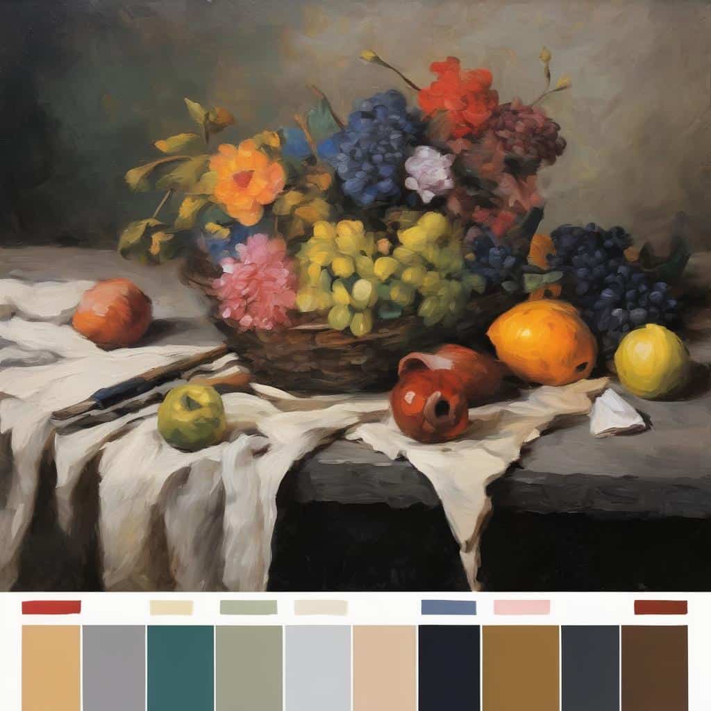 Λουλούδια και φρούτα σε still life, ζωγραφική πορτραίτου με έμφαση στην ιστορία και την τέχνη.