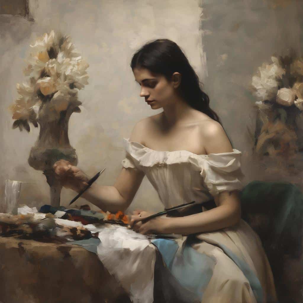 Ζωγράφος γυναίκα πορτραίτο, ζωγραφική ιστορία και πρόσωπο, αποδίδοντας το μοτίβο μέσω σύγχρονης τέχνης.