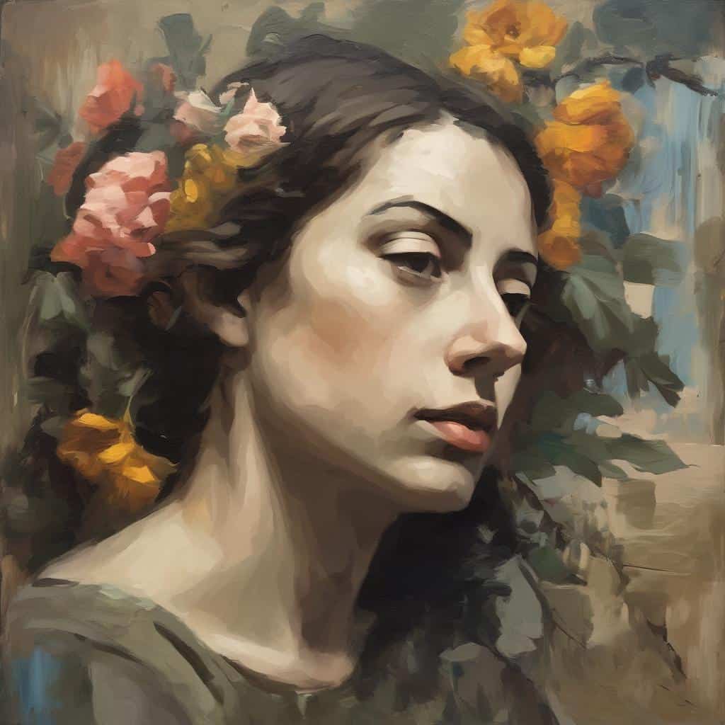 Όμορφο πορτρέτο γυναίκας με λουλούδια στα μαλλιά, ζωγραφική με έμφαση σε πρόσωπο και ιστορία, τέχνη πορτραίτου.