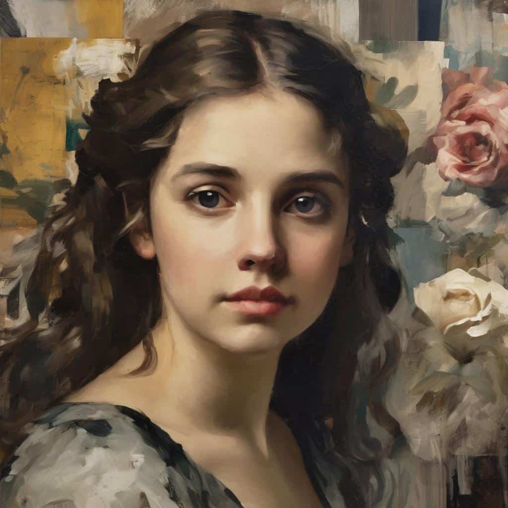 Ζωγραφική πορτρέτου νεαρής γυναίκας με φυσικά χαρακτηριστικά, ρεαλιστική τέχνη, έντονη έκφραση, floral background, σύγχρονη ζωγραφική.